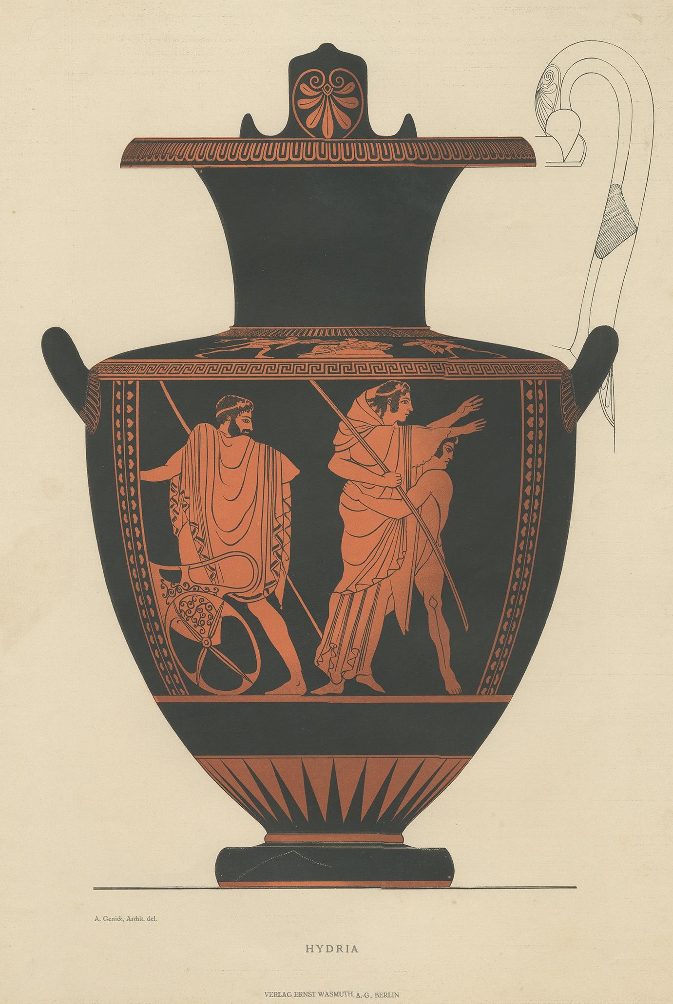 Antique print titled 'Hydria'. Colour-printed large lithograph by Ernst Wasmuth depicting a Greek hydria (water jar). A is a type of water-carrying vessel in the metalwork and pottery of ancient Greece. The hydria has three handles. Two horizontal