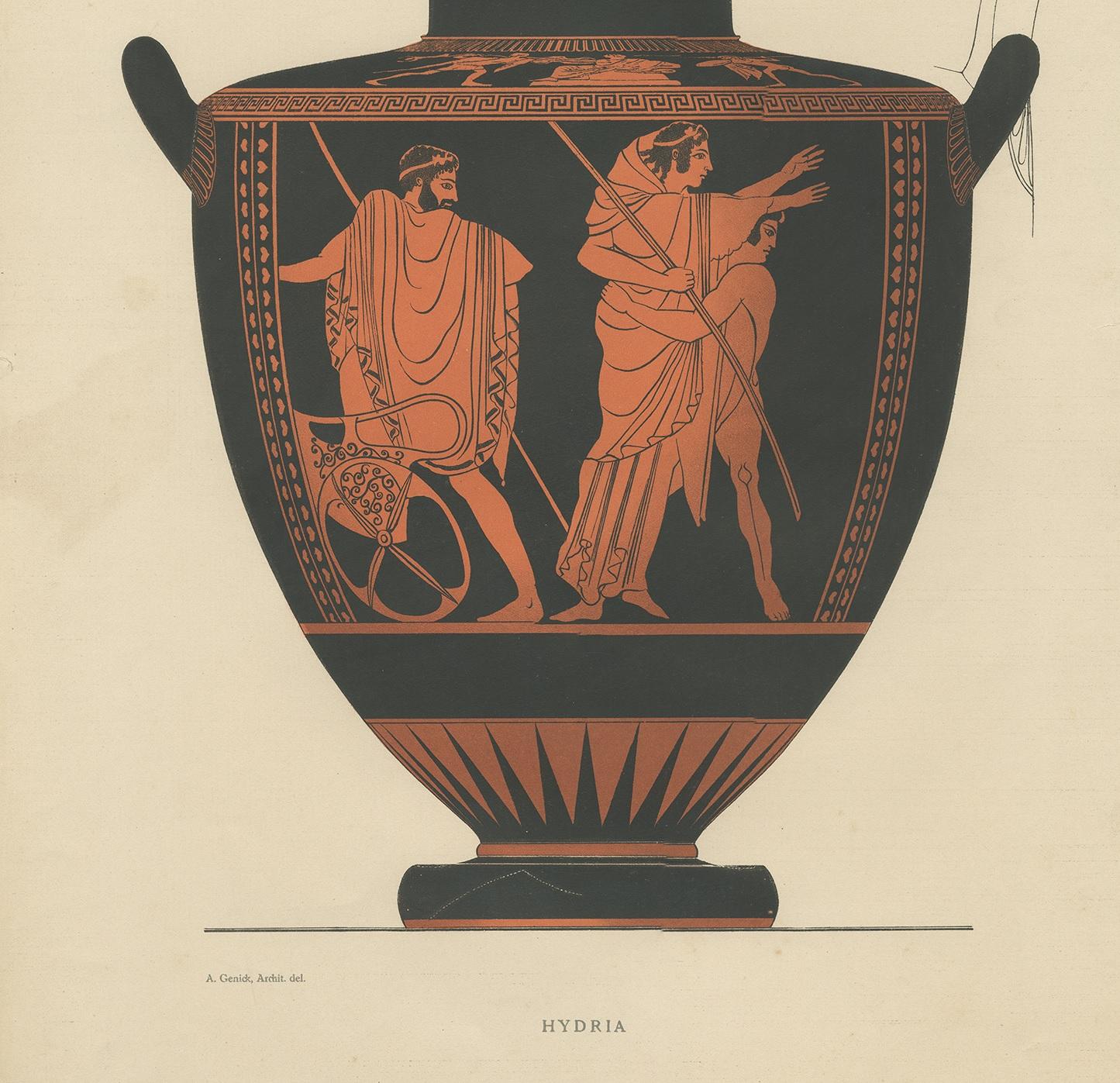 XIXe siècle Impression ancienne de céramique grecque Hydria par Genick (1883) en vente