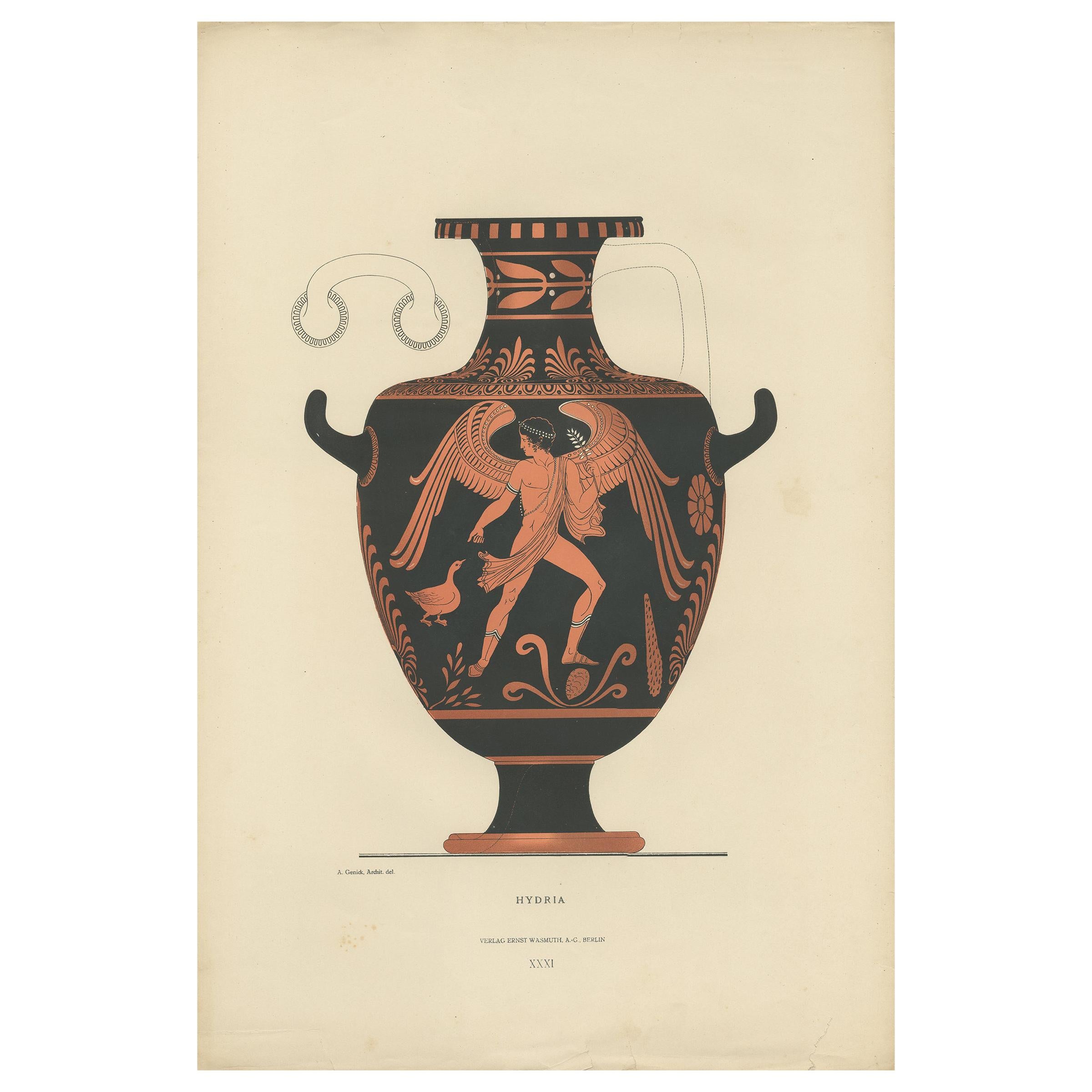 Antique Print of Greek Ceramics 'Hydria' by Genick (1883)