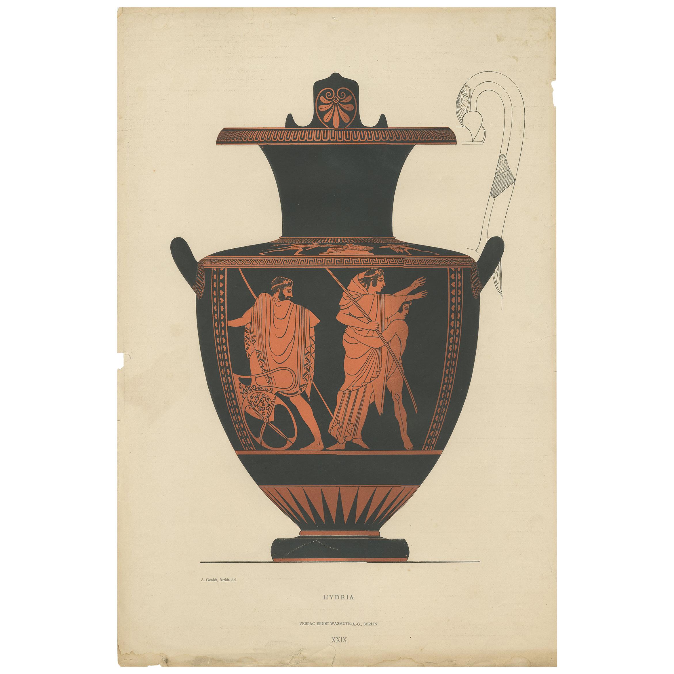 Impression ancienne de céramique grecque Hydria par Genick (1883) en vente