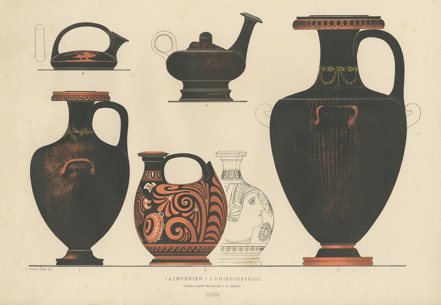 Antique print titled 'Hydrien / Giessgefässe'. Color-printed large lithograph by Ernst Wasmuth depicting Greek hydria (water jars). This print originates from 'Griechische Keramik' by A. Genick. Albert Genick, an architect by training, was one of
