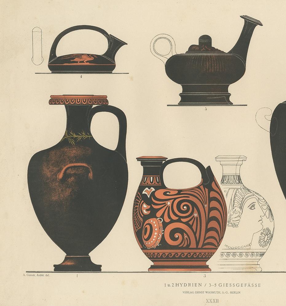 Antique Print of Greek Ceramics 'Hydrien / Giessgefässe' by Genick '1883' In Good Condition For Sale In Langweer, NL