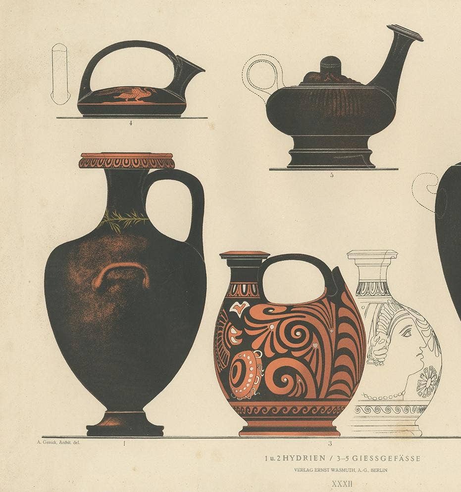 Antique Print of Greek Ceramics 'Hydrien / Giessgefässe' by Genick, 1883