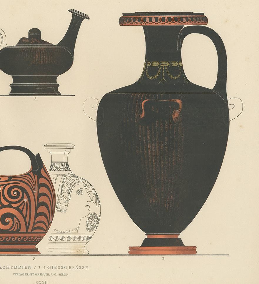 19th Century Antique Print of Greek Ceramics 'Hydrien / Giessgefässe' by Genick '1883' For Sale