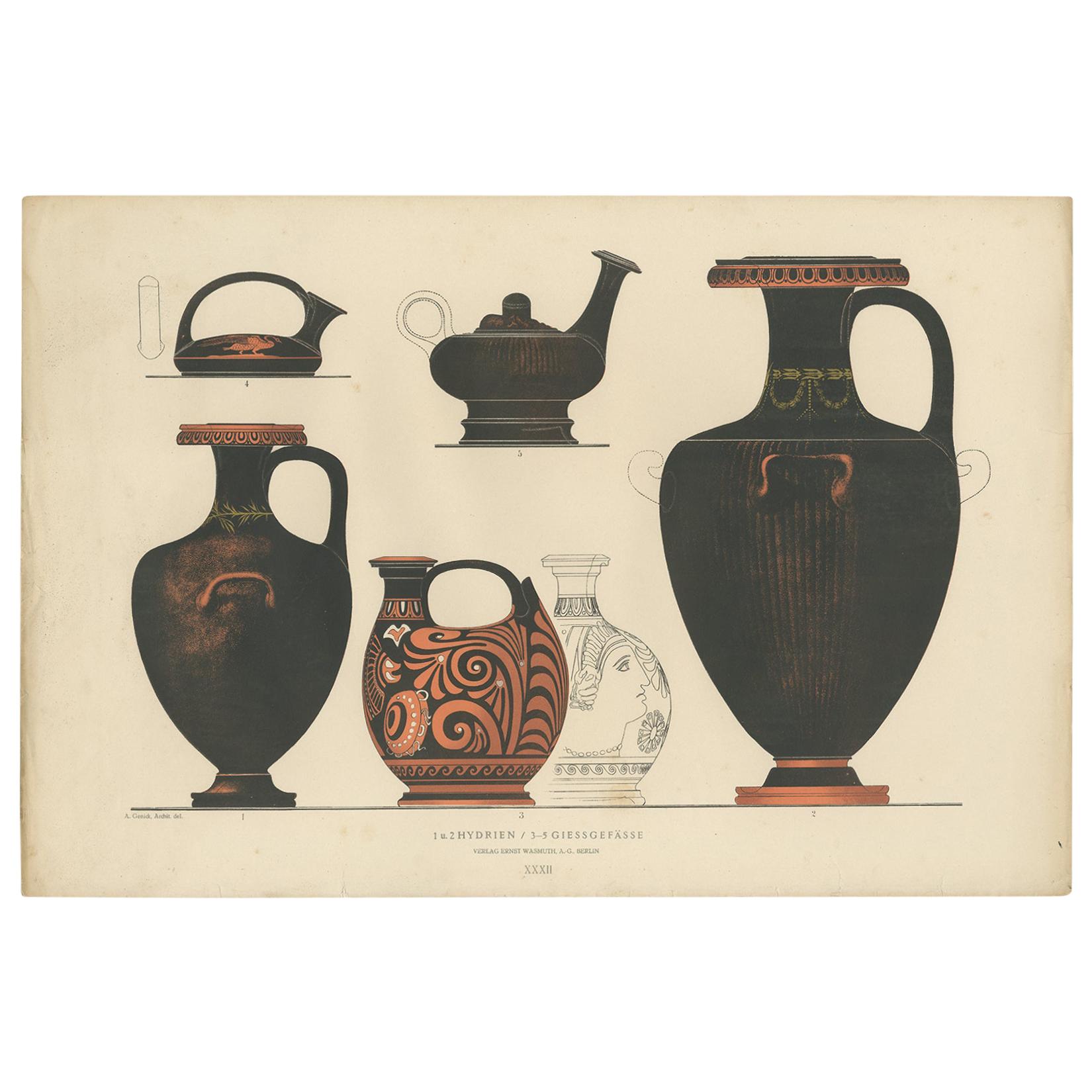 Antique Print of Greek Ceramics 'Hydrien / Giessgefässe' by Genick '1883' For Sale