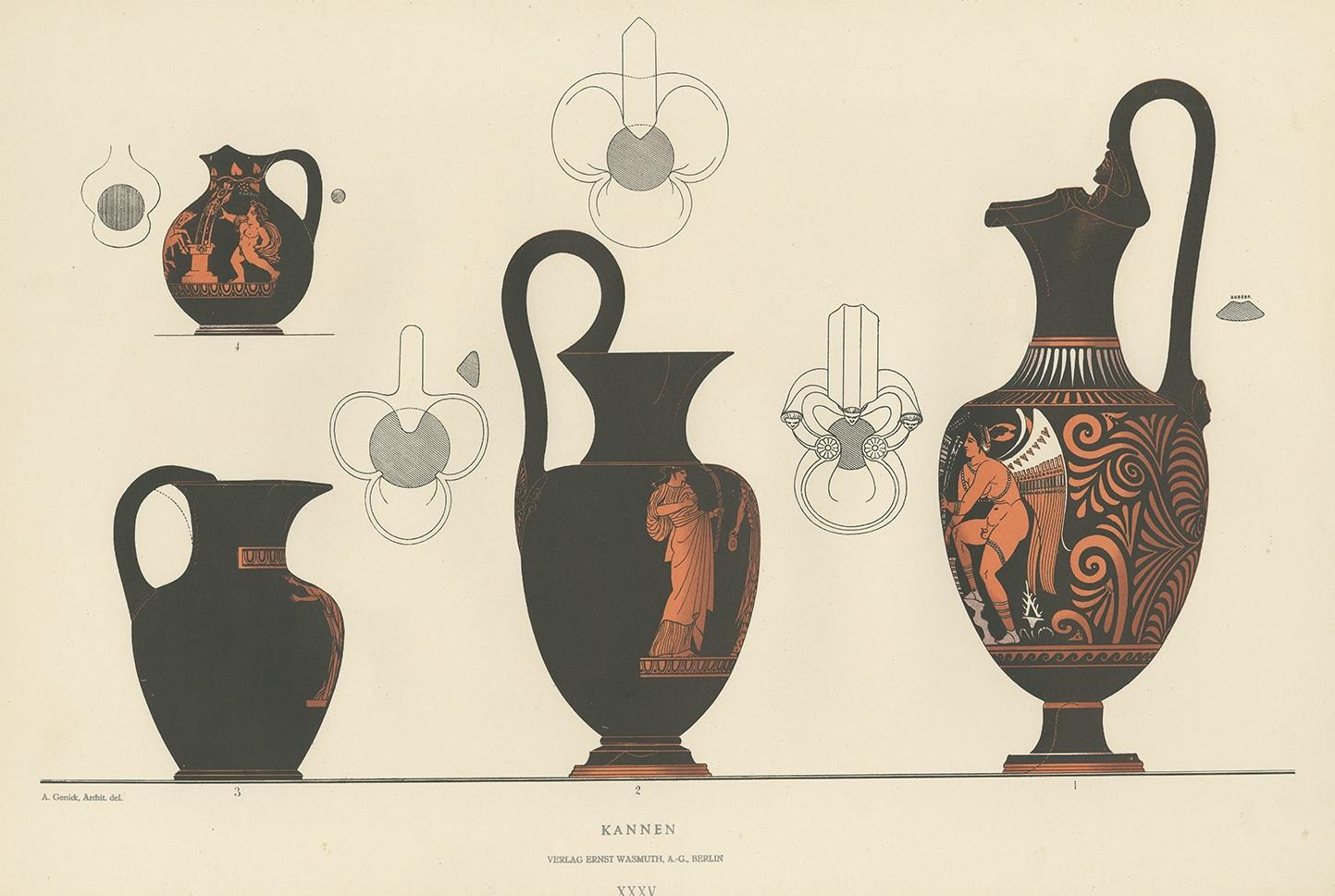 Antique print titled 'Kannen'. Color-printed large lithograph by Ernst Wasmuth depicting Greek pottery. This print originates from 'Griechische Keramik' by A. Genick. Albert Genick, an architect by training, was one of the leading German scholars of