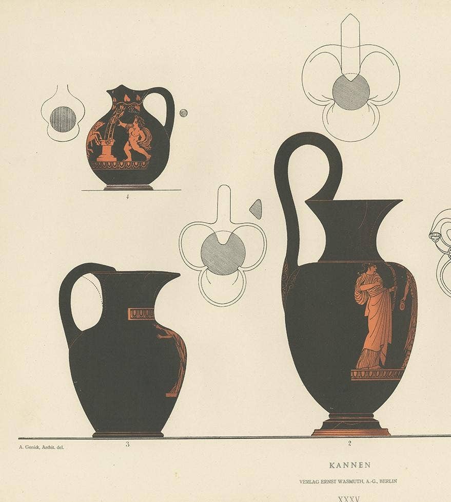 Antique Print of Greek Ceramics 'Kannen' by Genick, 1883