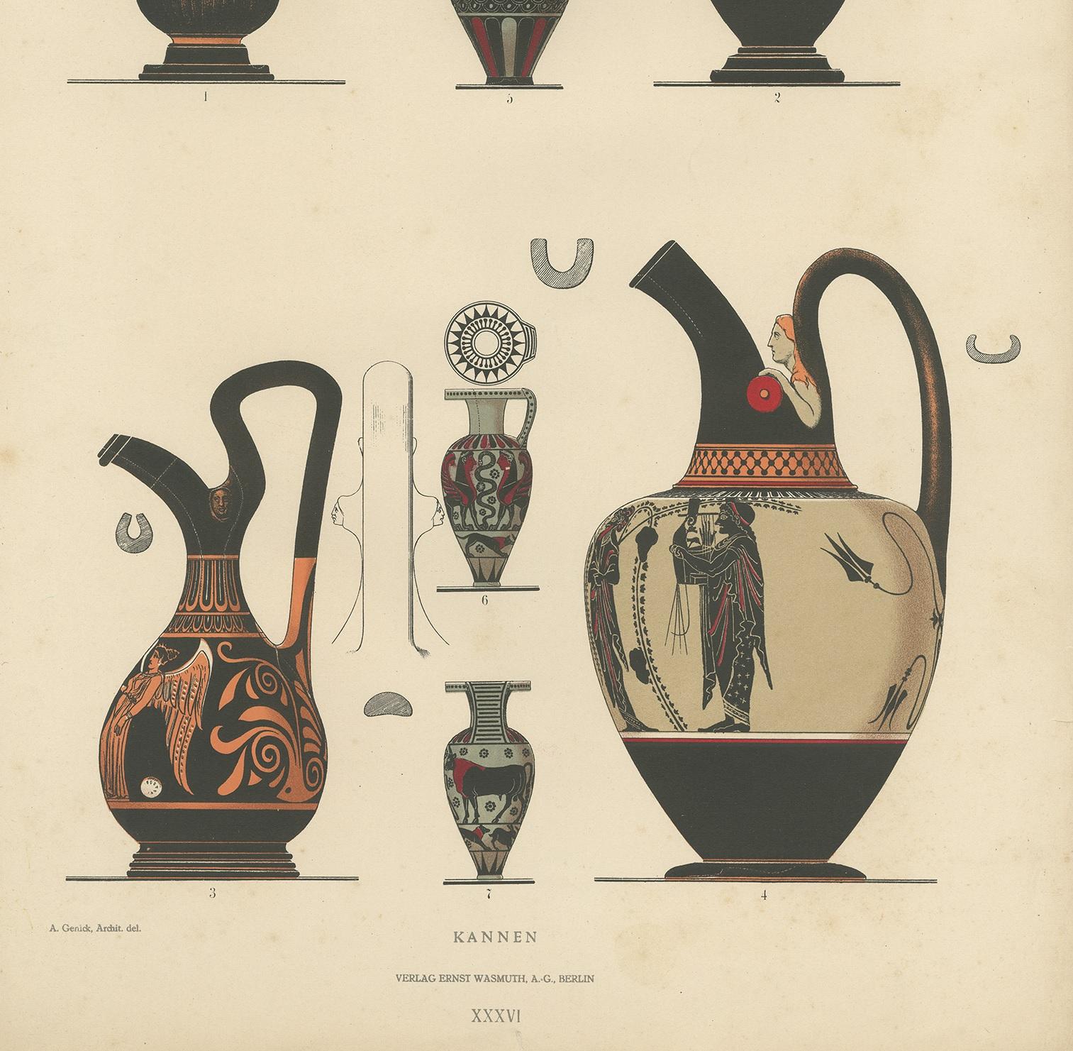 19th Century Antique Print of Greek Ceramics 'Kannen' by Genick, 1883 For Sale
