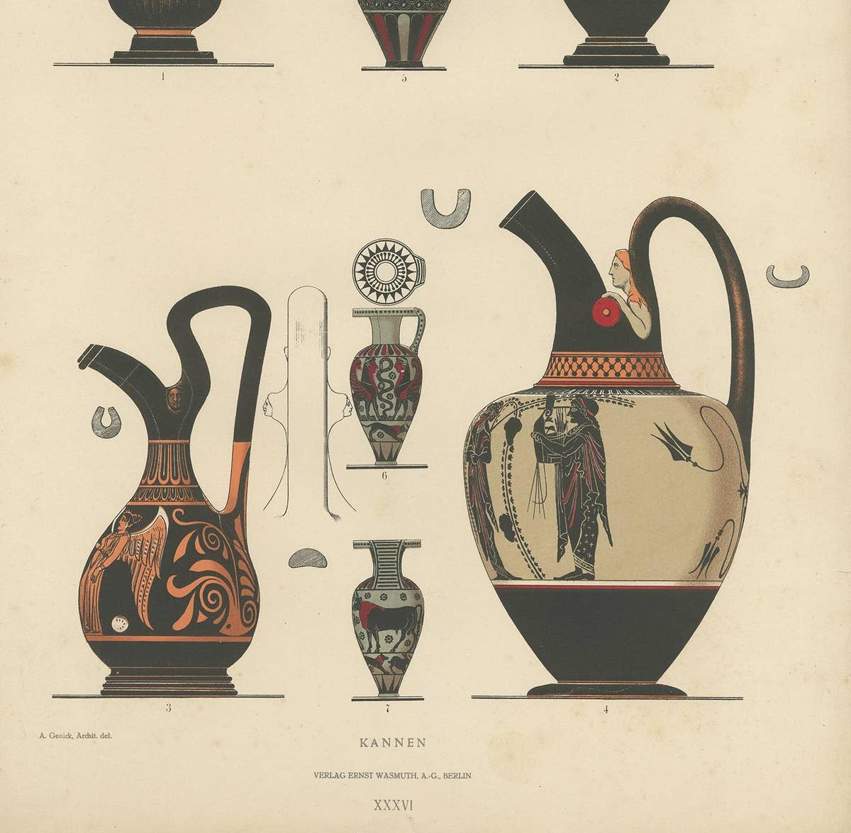 Antique Print of Greek Ceramics 'Kannen' by Genick, 1883