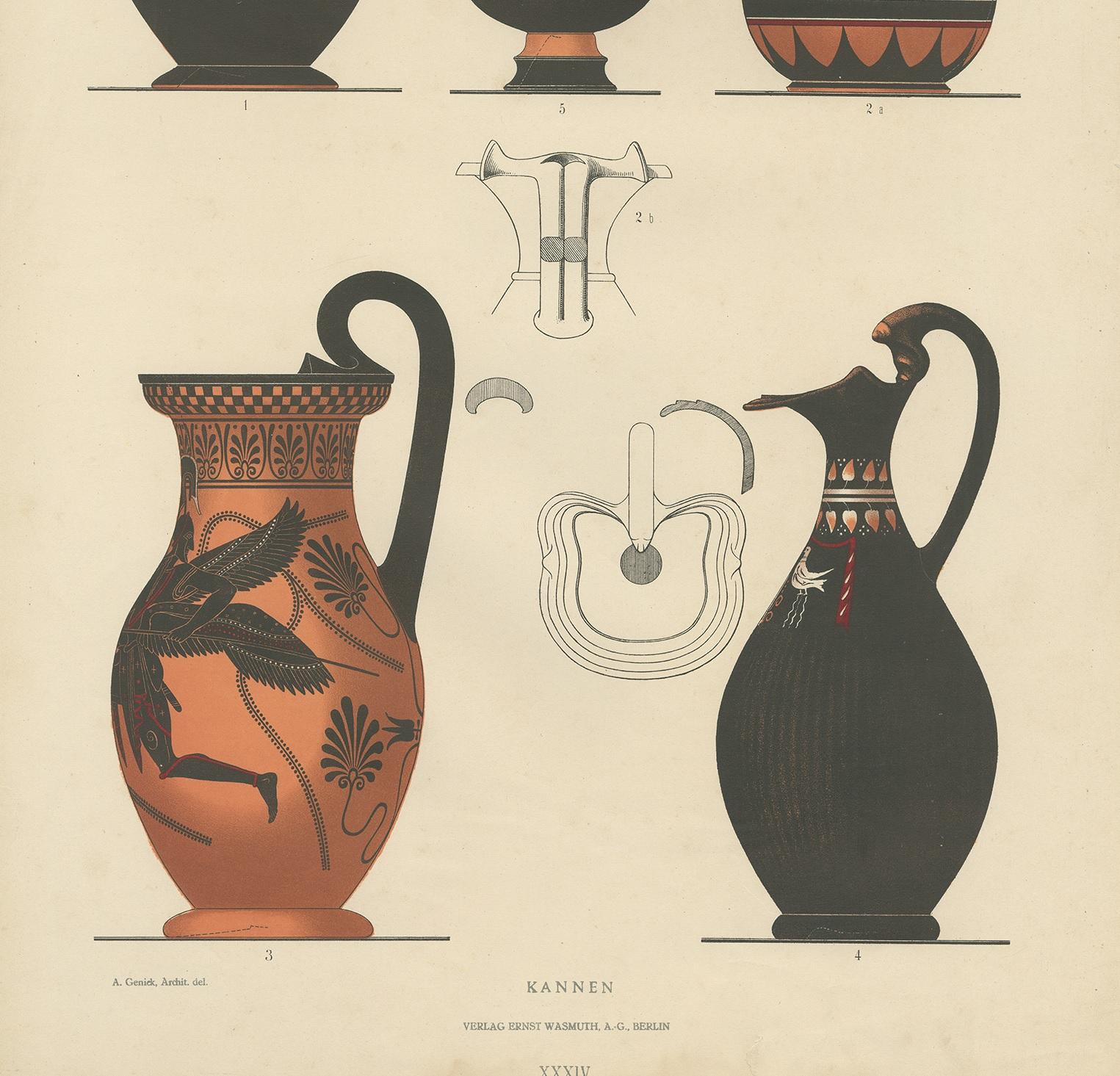XIXe siècle Impression ancienne de céramique grecque Kannen par Genick (1883) en vente