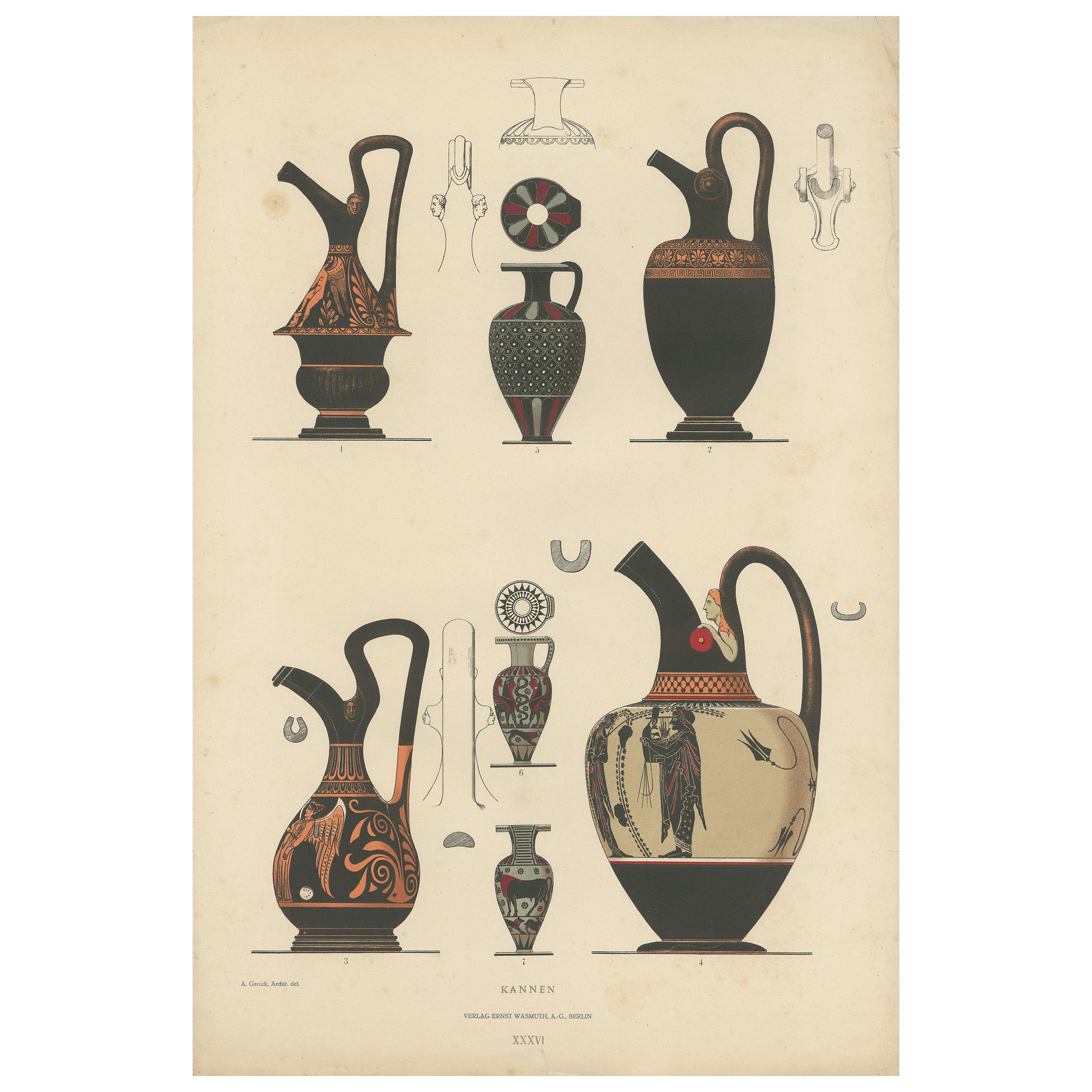 Antique Print of Greek Ceramics 'Kannen' by Genick, 1883 For Sale