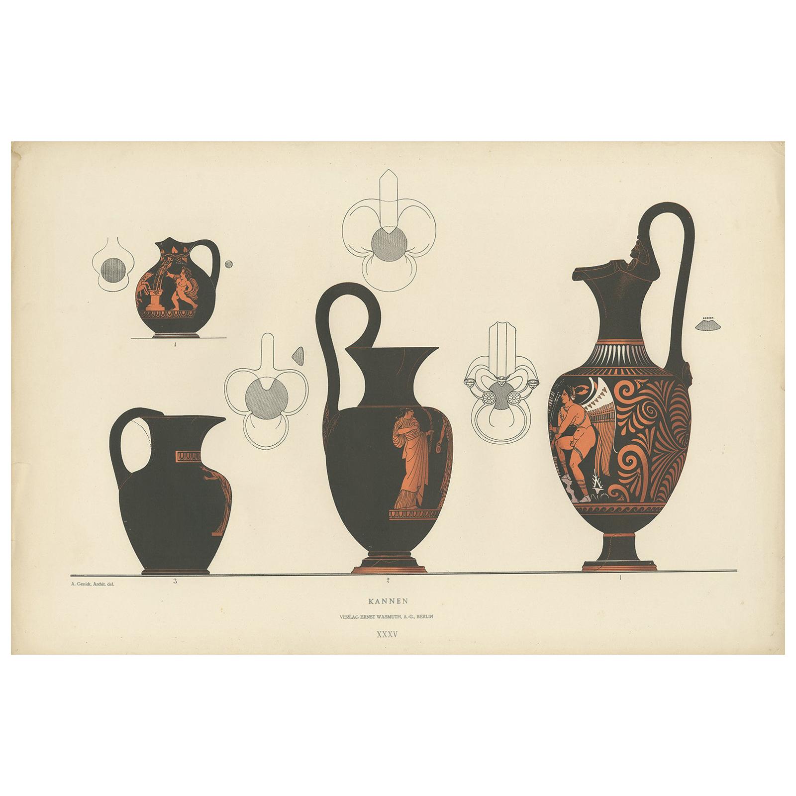 Antique Print of Greek Ceramics 'Kannen' by Genick, 1883 For Sale