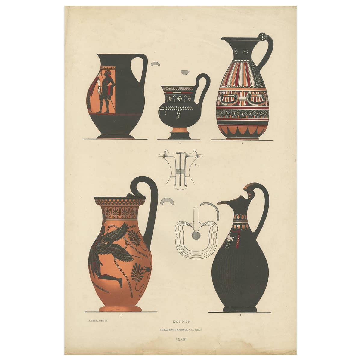 Antique Print of Greek Ceramics 'Kannen' by Genick, 1883