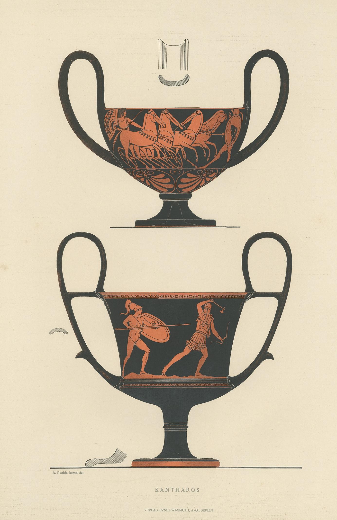 Antique print titled 'Kantharos'. Color-printed large lithograph by Ernst Wasmuth depicting Greek kantharos. A kantharos or cantharus, a type of ancient Greek cup used for drinking. This print originates from 'Griechische Keramik' by A. Genick.