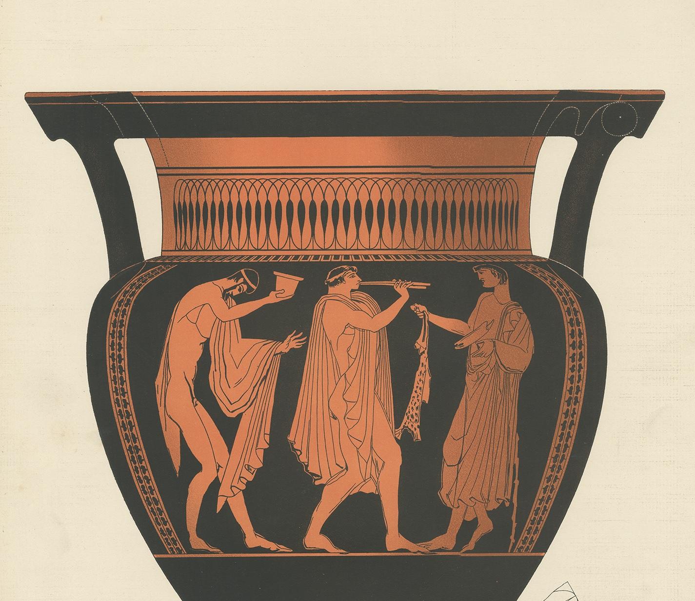 Antique print titled 'Krater'. Color-printed large lithograph by Ernst Wasmuth depicting a Greek krater (ancient vase). This print originates from 'Griechische Keramik' by A. Genick. Albert Genick, an architect by training, was one of the leading