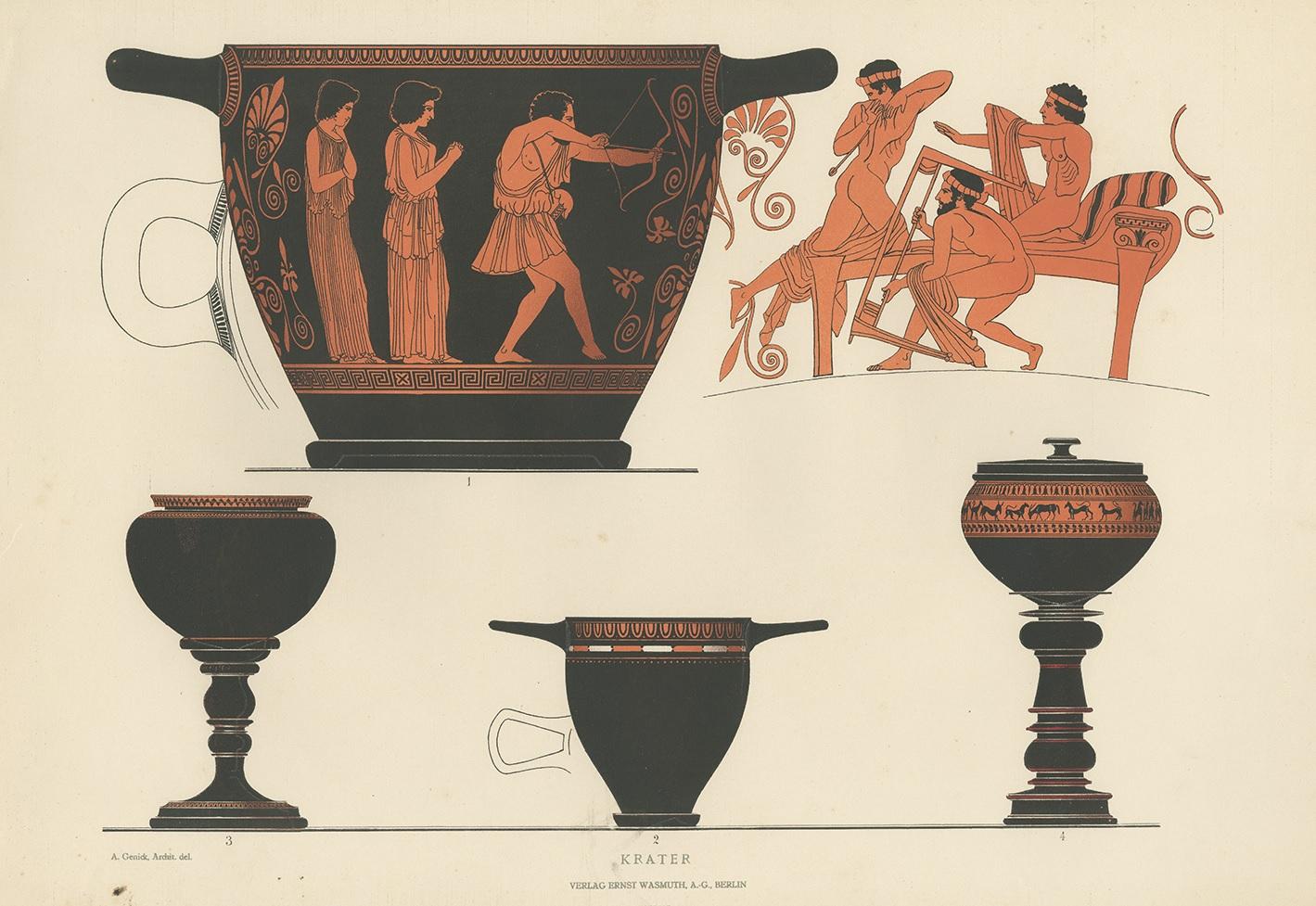 Antique print titled 'Krater'. Color-printed large lithograph by Ernst Wasmuth depicting Greek kraters (ancient vases). This print originates from 'Griechische Keramik' by A. Genick. Albert Genick, an architect by training, was one of the leading