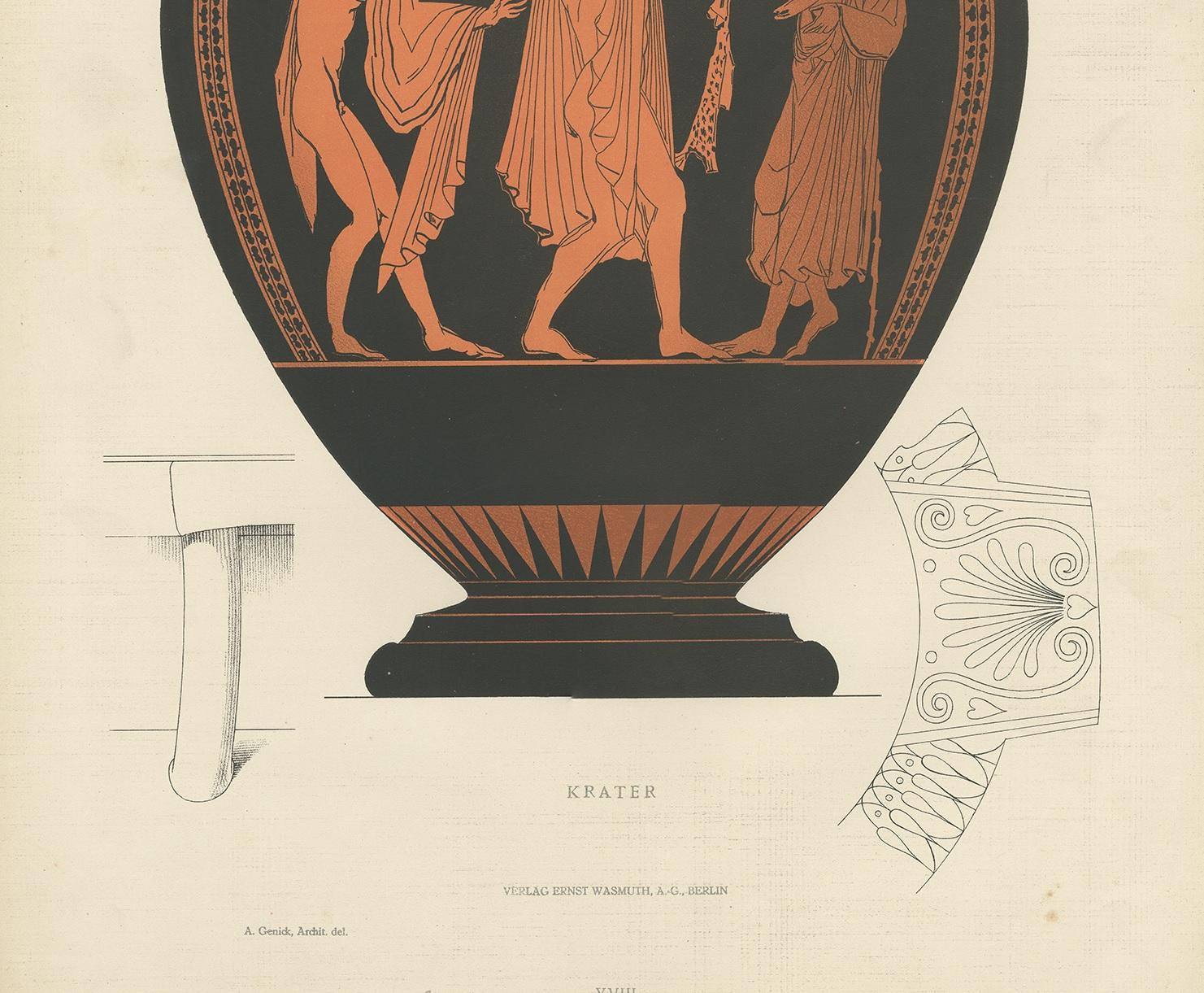 Original Antique Print of Greek Ceramics 'Krater' by Genick '1883' In Good Condition For Sale In Langweer, NL