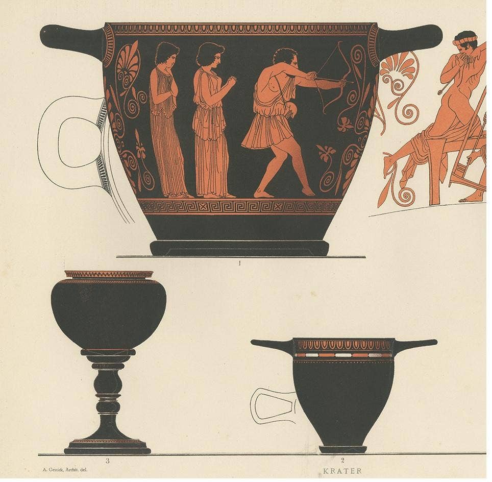 Antique Print of Greek Ceramics 'Krater' by Genick, 1883