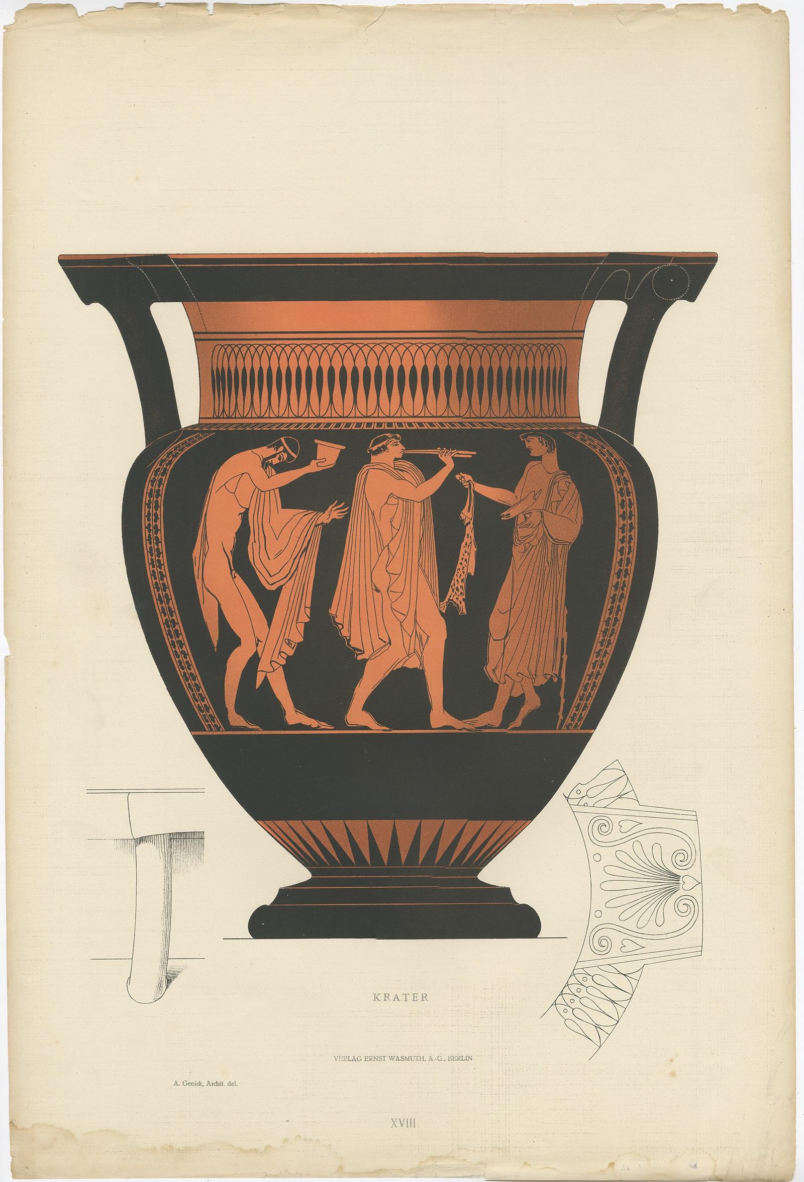 19th Century Original Antique Print of Greek Ceramics 'Krater' by Genick '1883' For Sale