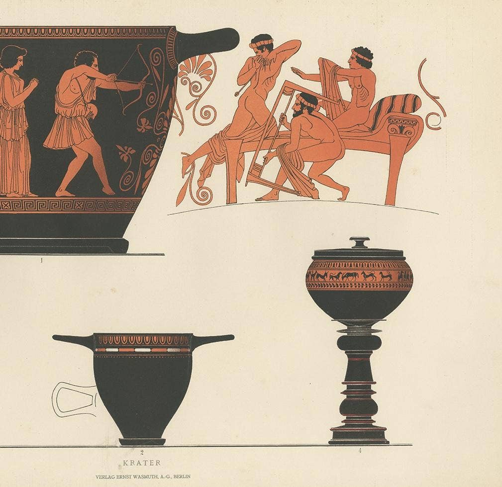 Antique Print of Greek Ceramics 'Krater' by Genick, 1883