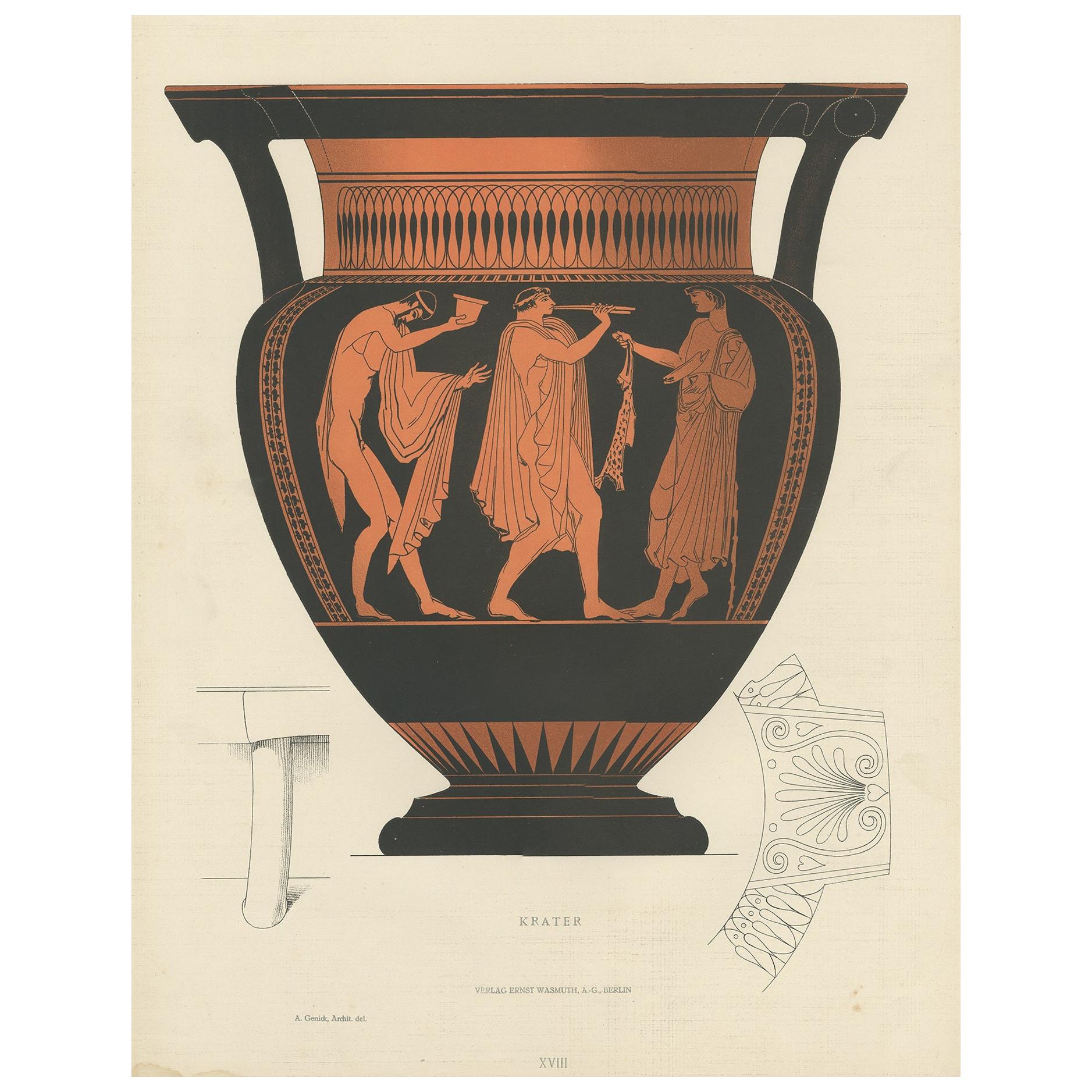 Original Antique Print of Greek Ceramics 'Krater' by Genick '1883'