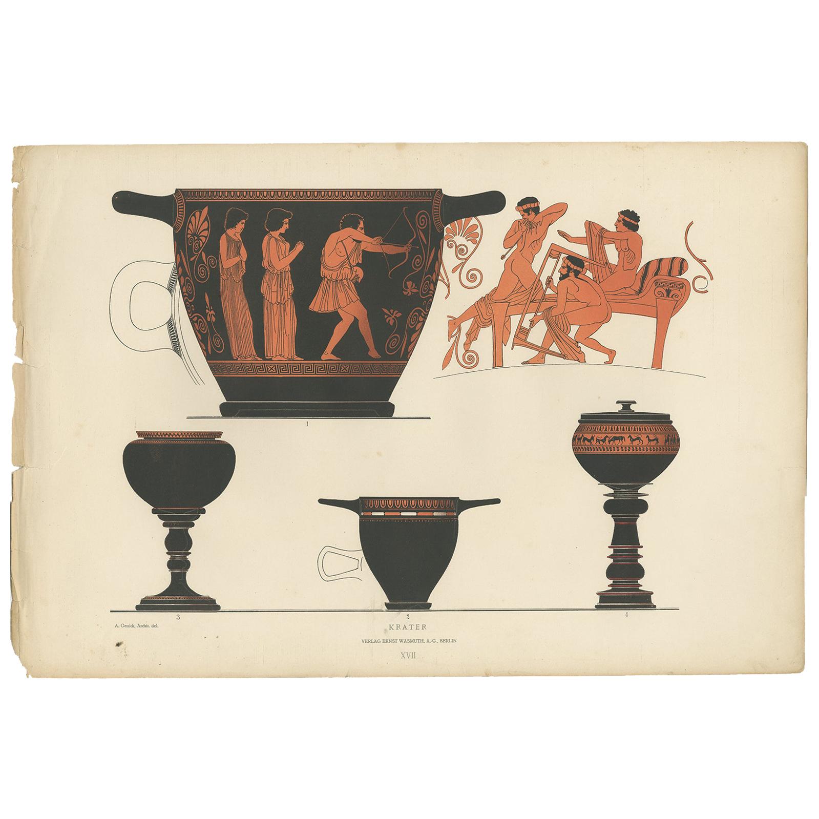 Antique Print of Greek Ceramics 'Krater' by Genick '1883' For Sale