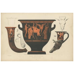 Antique Print of Greek Ceramics 'Krater/Zwei Trinkhörner' by Genick '1883'