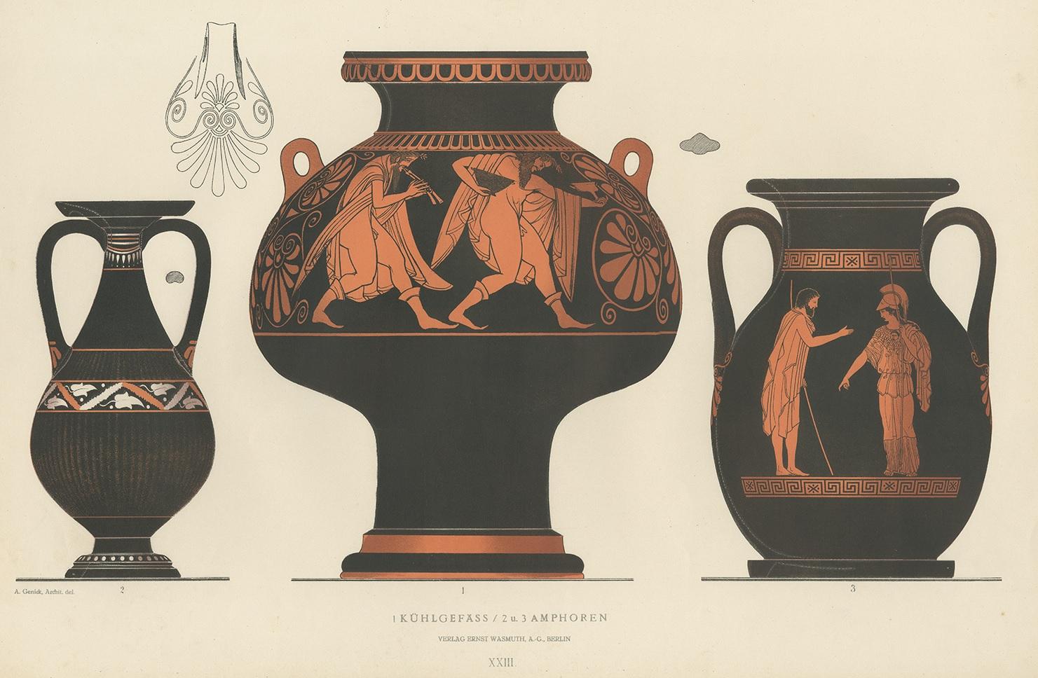 Antique print titled 'Kühlgefäss, Amphoren'. Color-printed large lithograph by Ernst Wasmuth depicting a Greek cooling vessel and two Greek amphorae. This print originates from 'Griechische Keramik' by A. Genick. Albert Genick, an architect by
