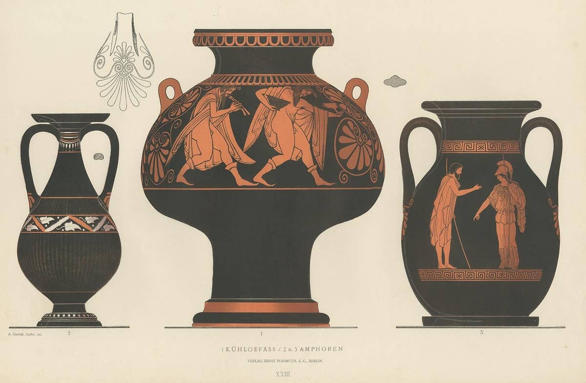 Antique Print of Greek Ceramics 'Kühlgefäss/Amphoren' by Genick, 1883