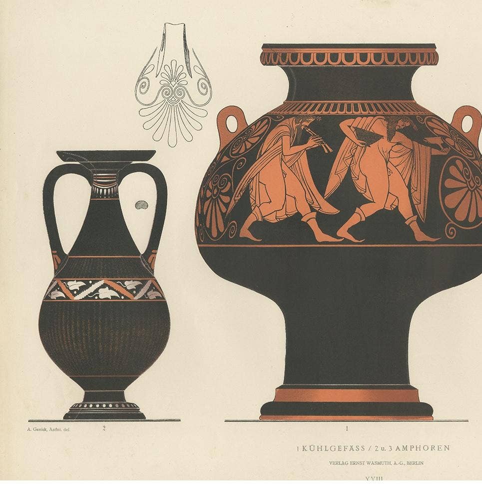 Antique Print of Greek Ceramics 'Kühlgefäss/Amphoren' by Genick, 1883