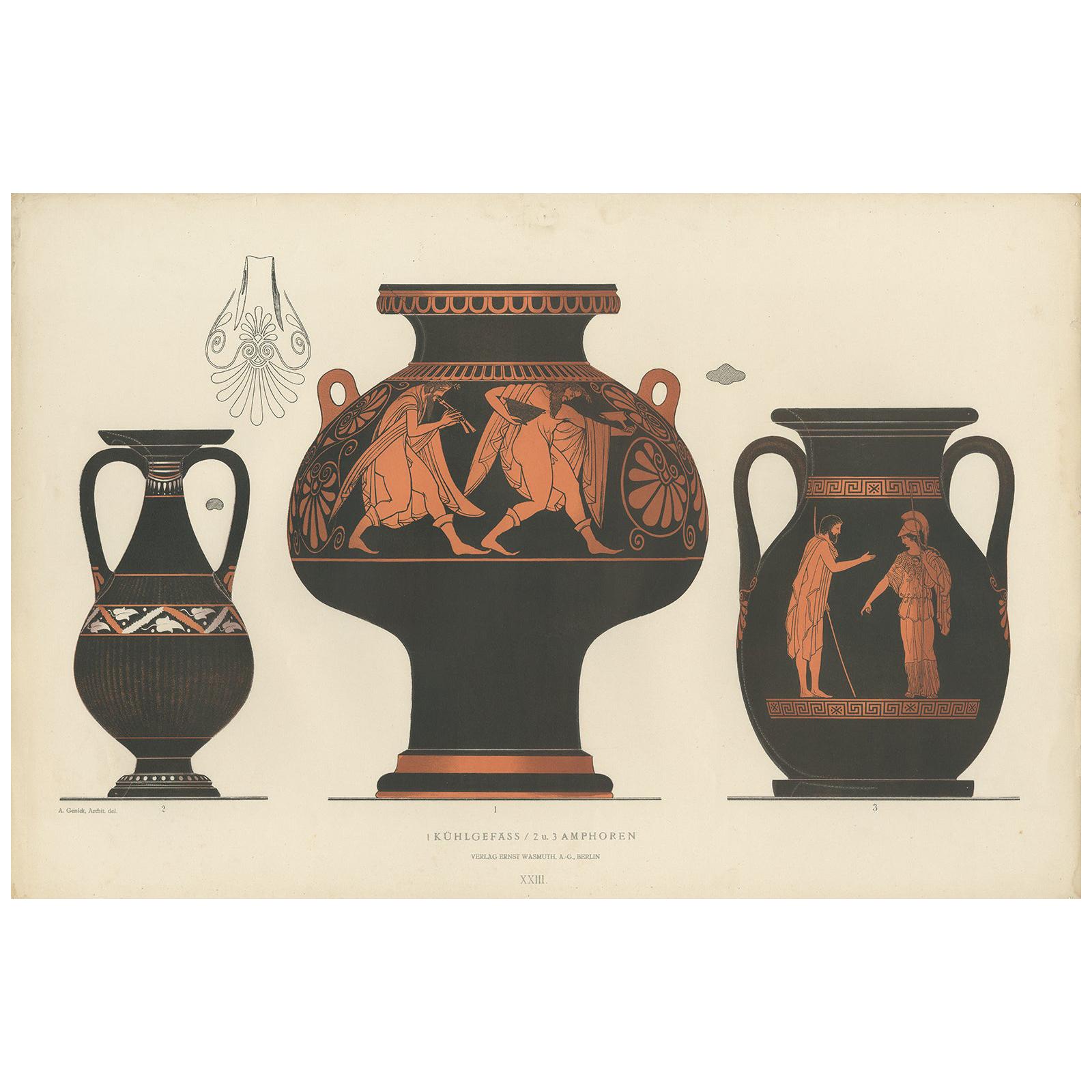 Antique Print of Greek Ceramics 'Kühlgefäss/Amphoren' by Genick, '1883' For Sale