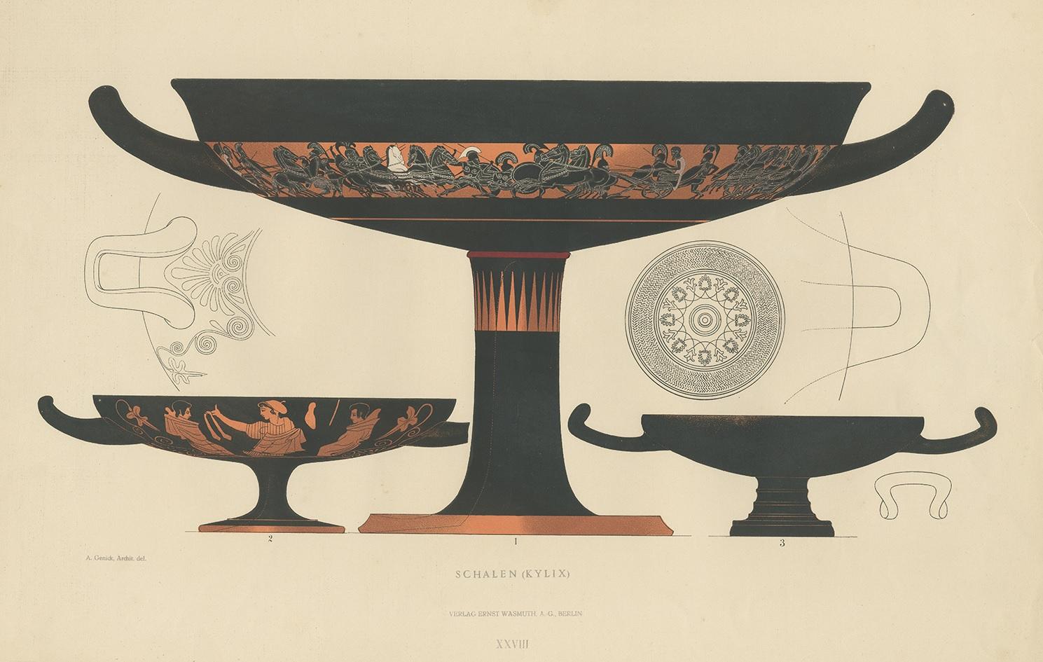 Antique print titled 'Kylix'. Color-printed large lithograph by Ernst Wasmuth depicting Greek kylix. In the pottery of ancient Greece, a kylix is the most common type of wine-drinking cup. It has a broad, relatively shallow, body raised on a stem