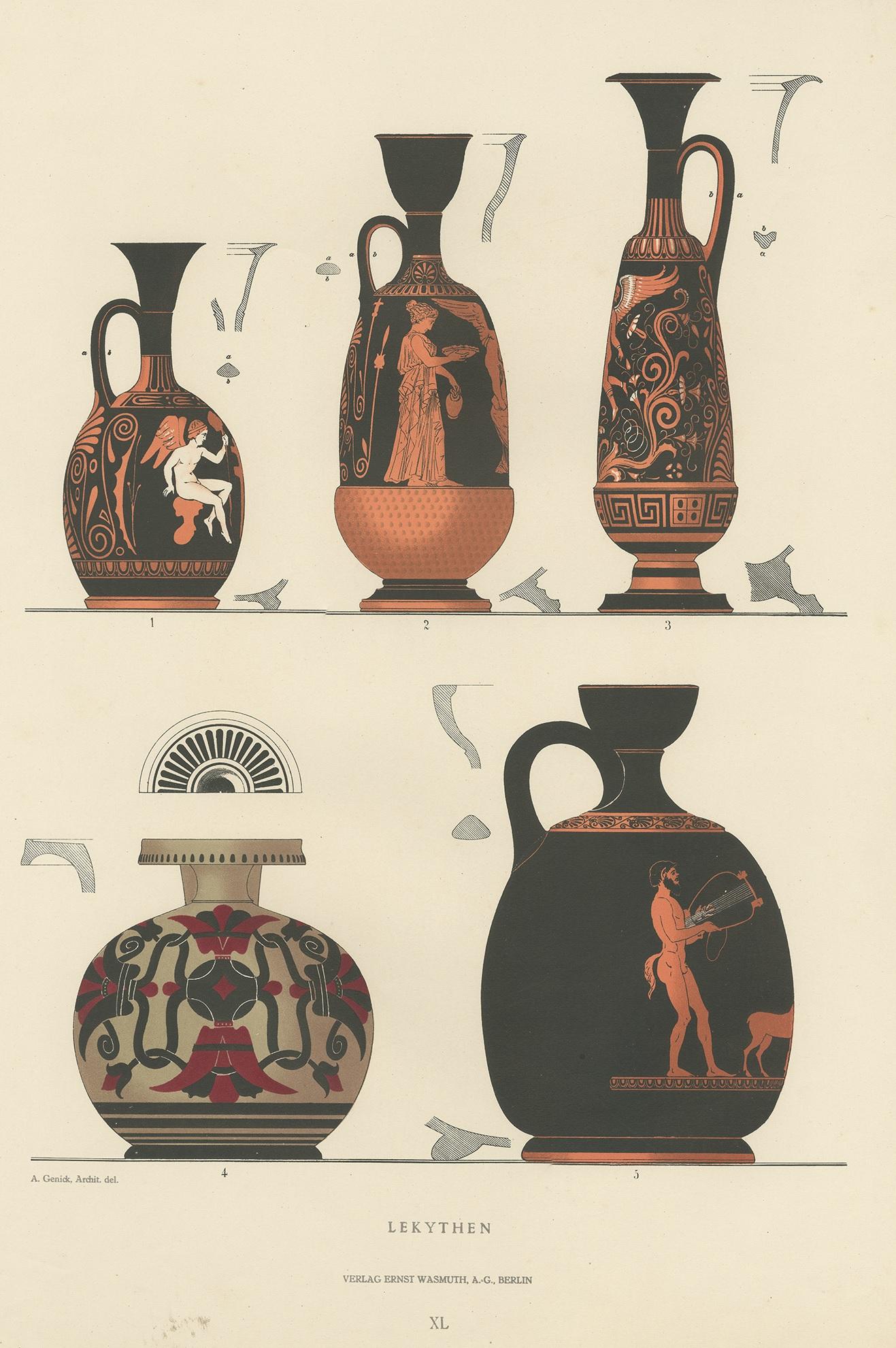 Antique print titled 'Lekythen'. Colour-printed large lithograph by Ernst Wasmuth depicting Greek lekythos. A lekythos (plural lekythoi) is a type of ancient Greek vessel used for storing oil, especially olive oil. This print originates from