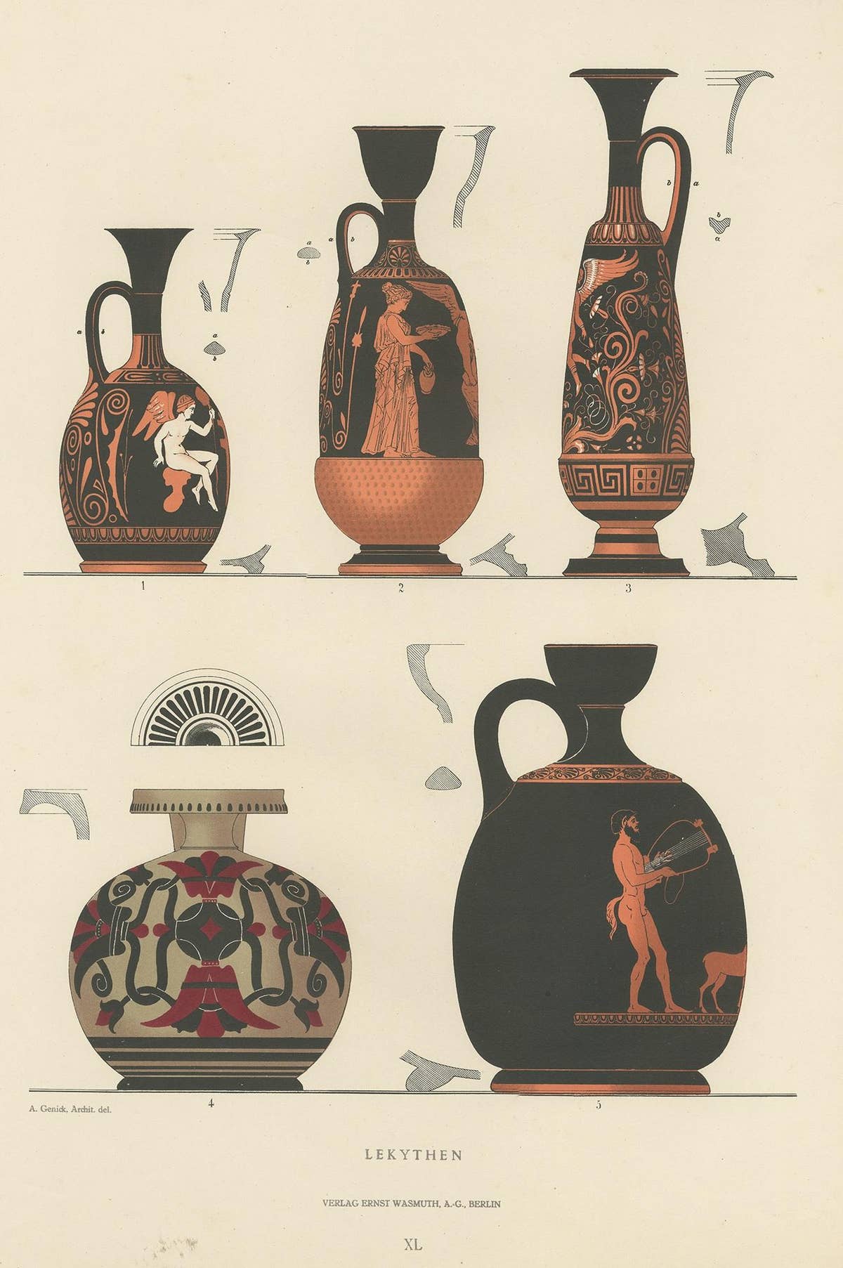 Antique Print of Greek Ceramics 'Lekythen' by Genick (1883)