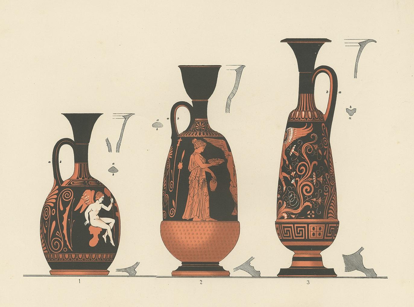 Antique Print of Greek Ceramics 'Lekythen' by Genick (1883) In Good Condition For Sale In Langweer, NL