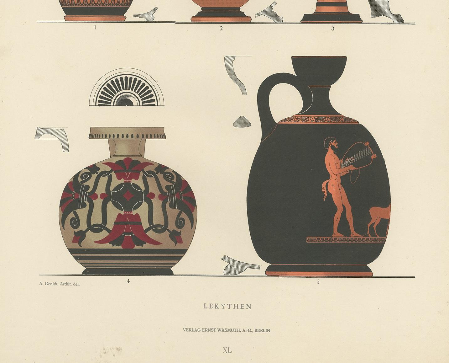 19th Century Antique Print of Greek Ceramics 'Lekythen' by Genick (1883) For Sale