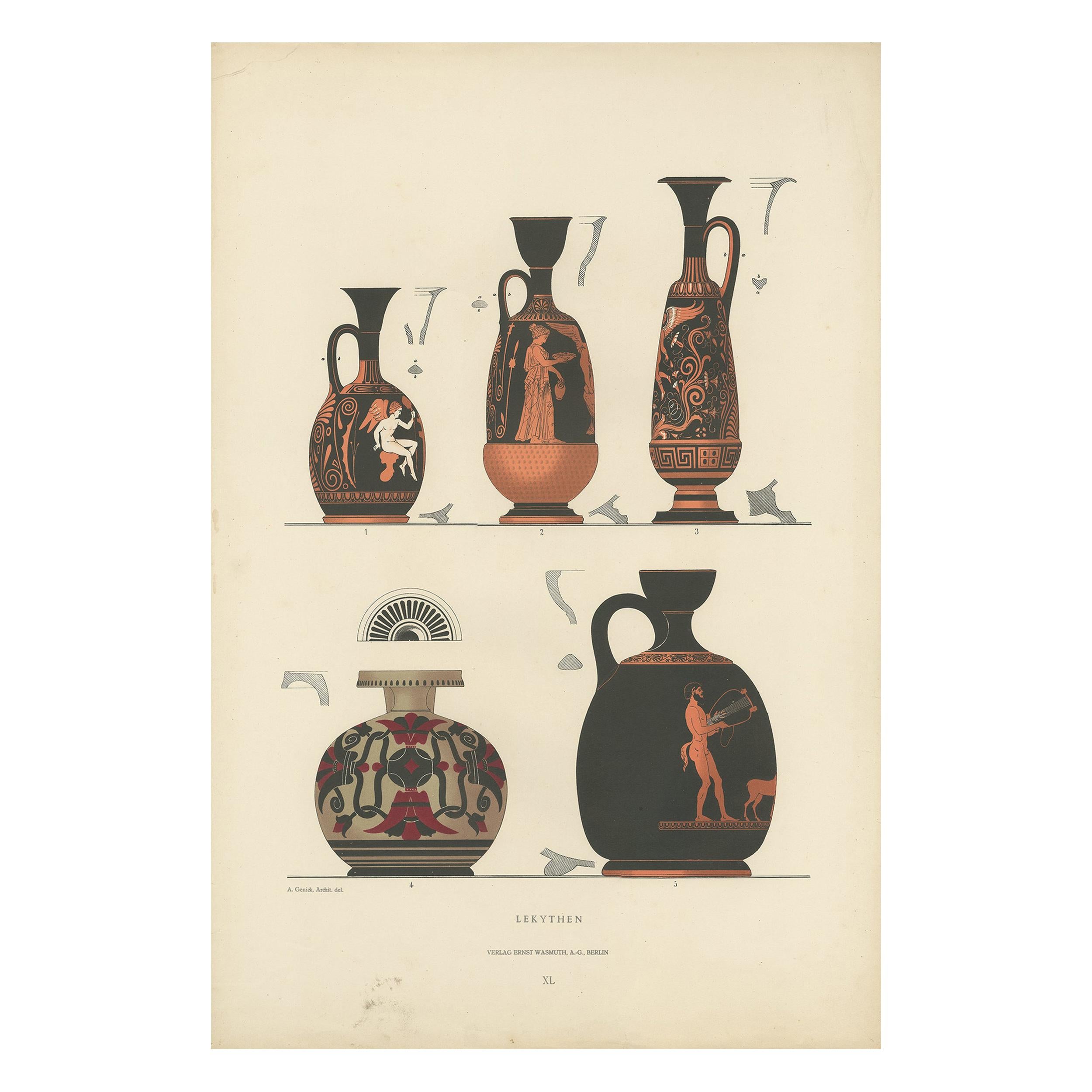 Impression ancienne de céramique grecque "Lekythen" par Genick (1883)