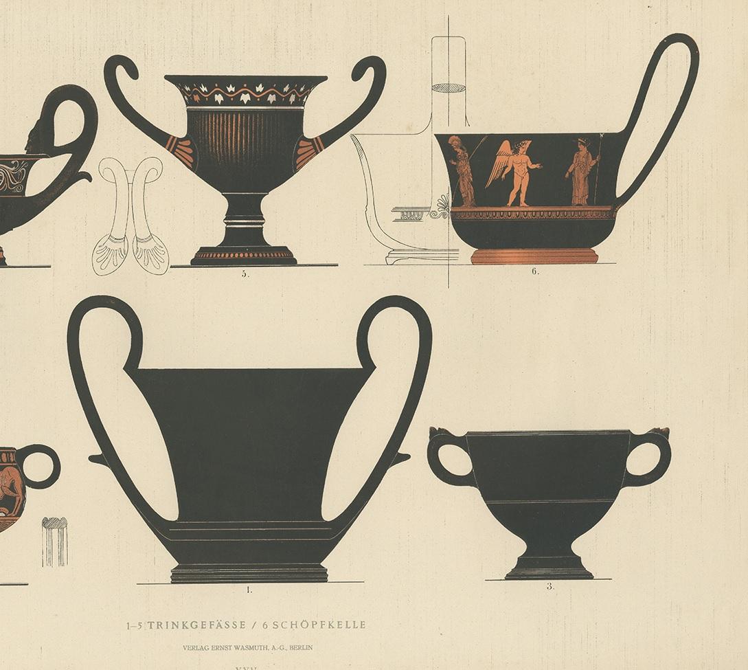XIXe siècle Gravure ancienne de céramiques grecques 'Trinkgefässe / Schöpfkelle' par Genick '1883'. en vente