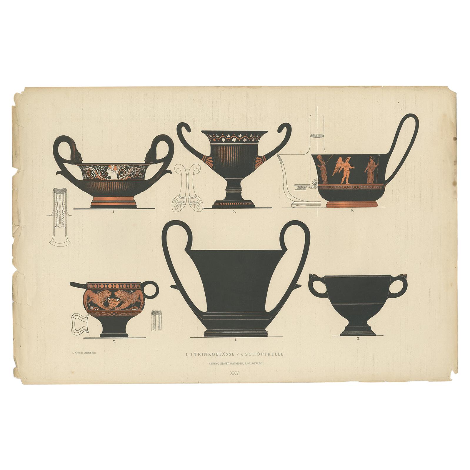 Gravure ancienne de céramiques grecques 'Trinkgefässe / Schöpfkelle' par Genick '1883'. en vente