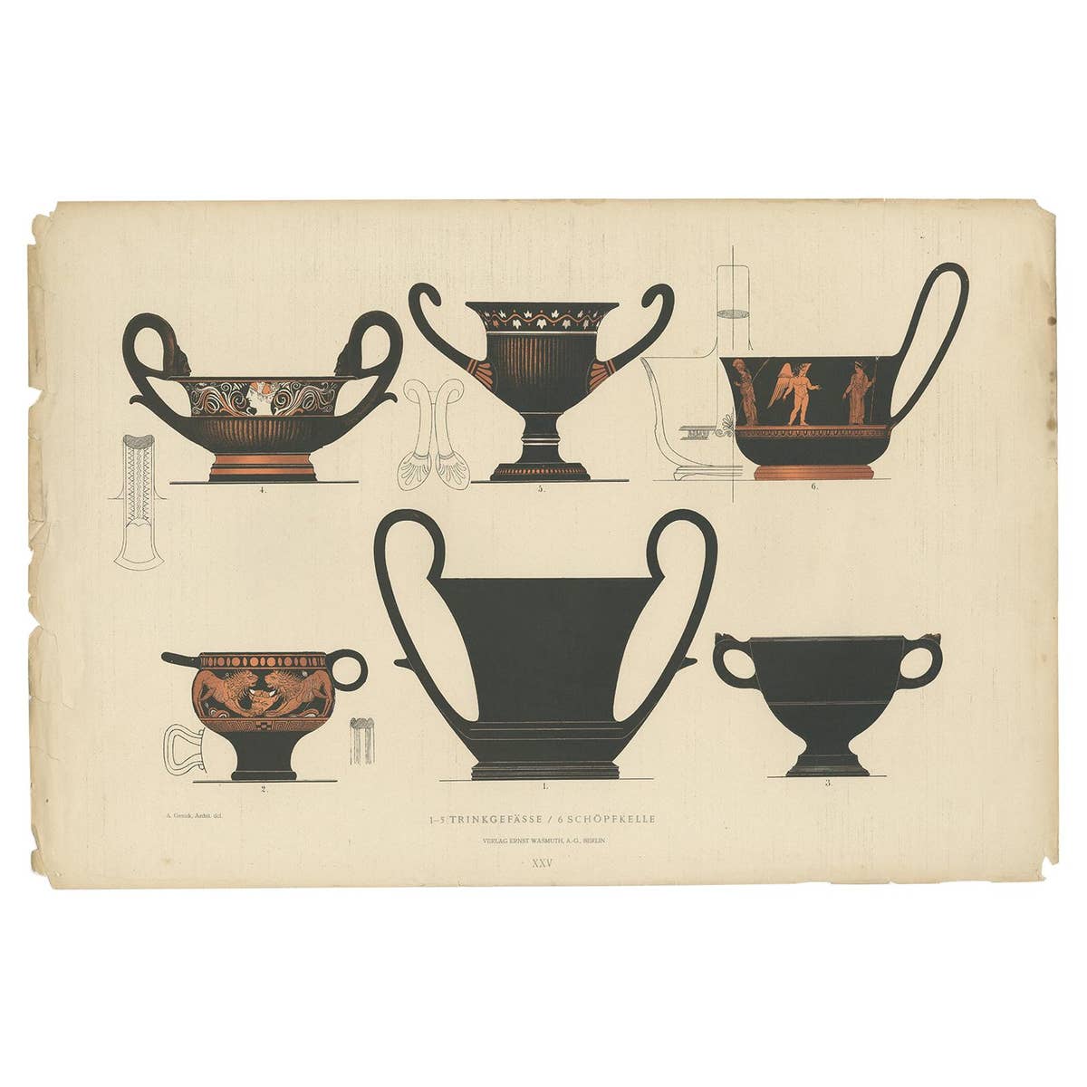Antique Print of Greek Ceramics 'Trinkgefässe / Schöpfkelle' by Genick, 1883