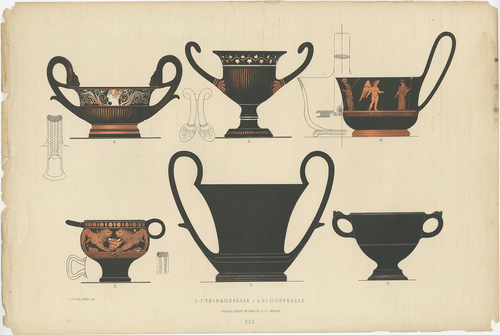 Antique print titled 'Kantharos'. Color-printed large lithograph by Ernst Wasmuth depicting Greek drinking vessels and Greek Kyathos (ladle). This print originates from 'Griechische Keramik' by A. Genick. Albert Genick, an architect by training, was