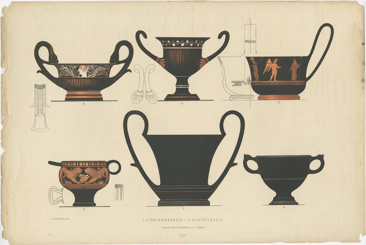 Antique Print of Greek Ceramics 'Trinkgefässe / Schöpfkelle' by Genick, 1883