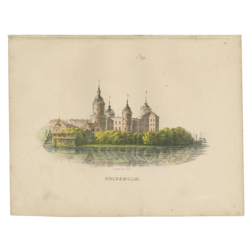 This antique print features a picturesque view of Gripsholm Castle, a historic and well-preserved castle located in Mariefred, Södermanland, Sweden. The castle is set against a serene backdrop, with its elegant architecture and turrets reflected in