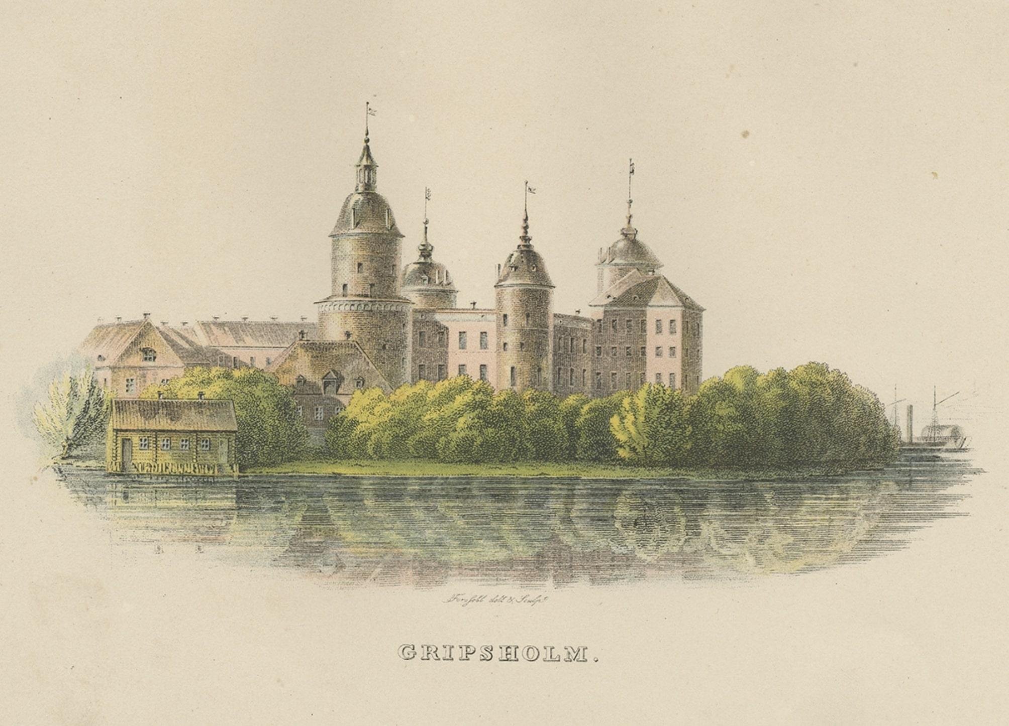 19th Century Antique Print of Gripsholm Castle in Stockholm, Sweden, c.1864 For Sale