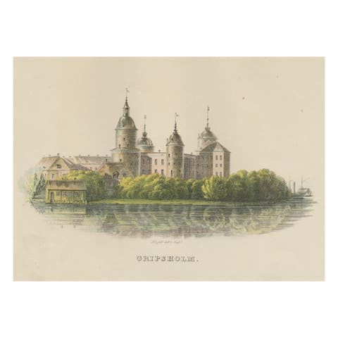 Antique Print of Gripsholm Castle in Stockholm, Sweden, c.1864