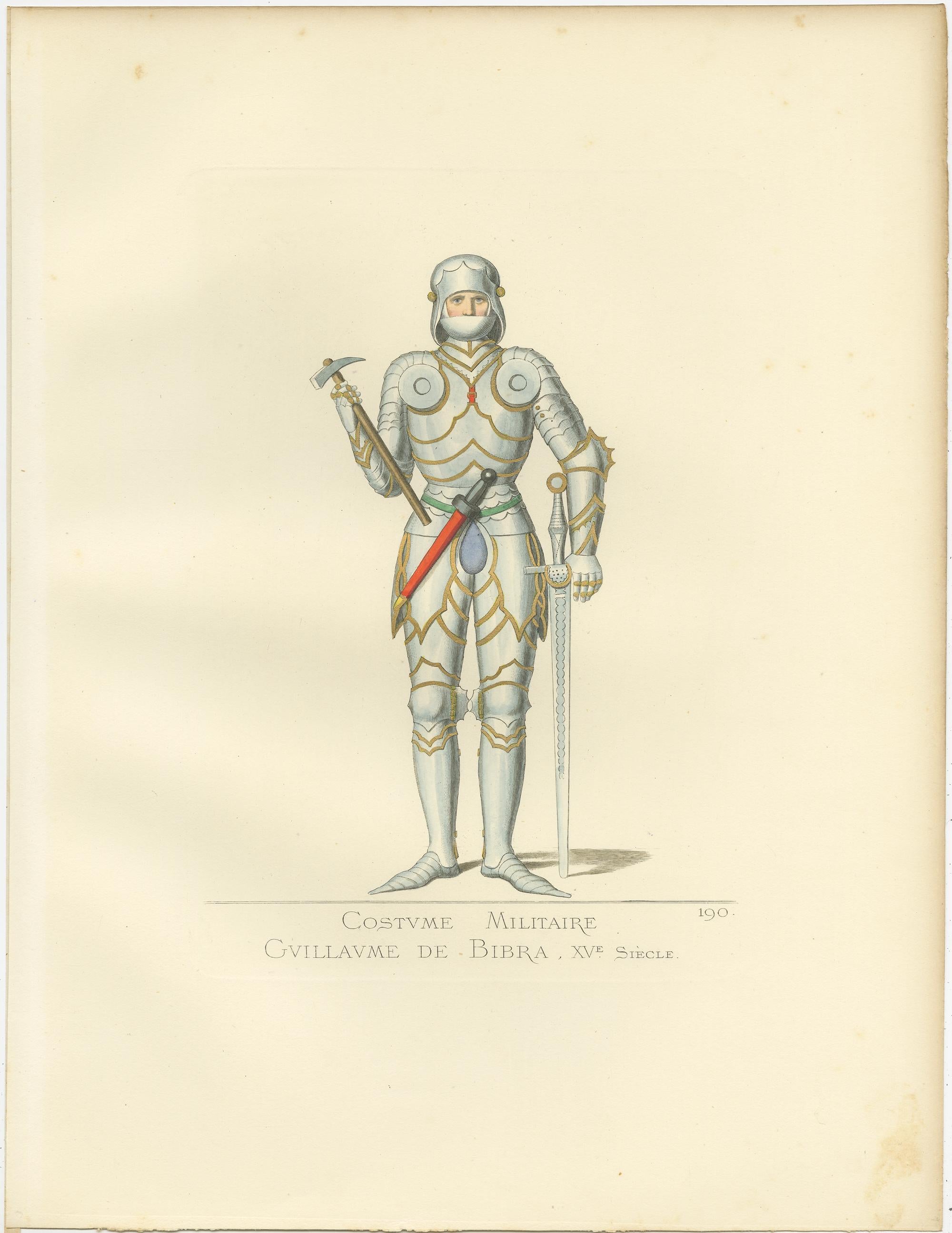 Grabado antiguo de Guillaume de Bibra en traje militar por Bonnard, 1860 siglo XIX en venta