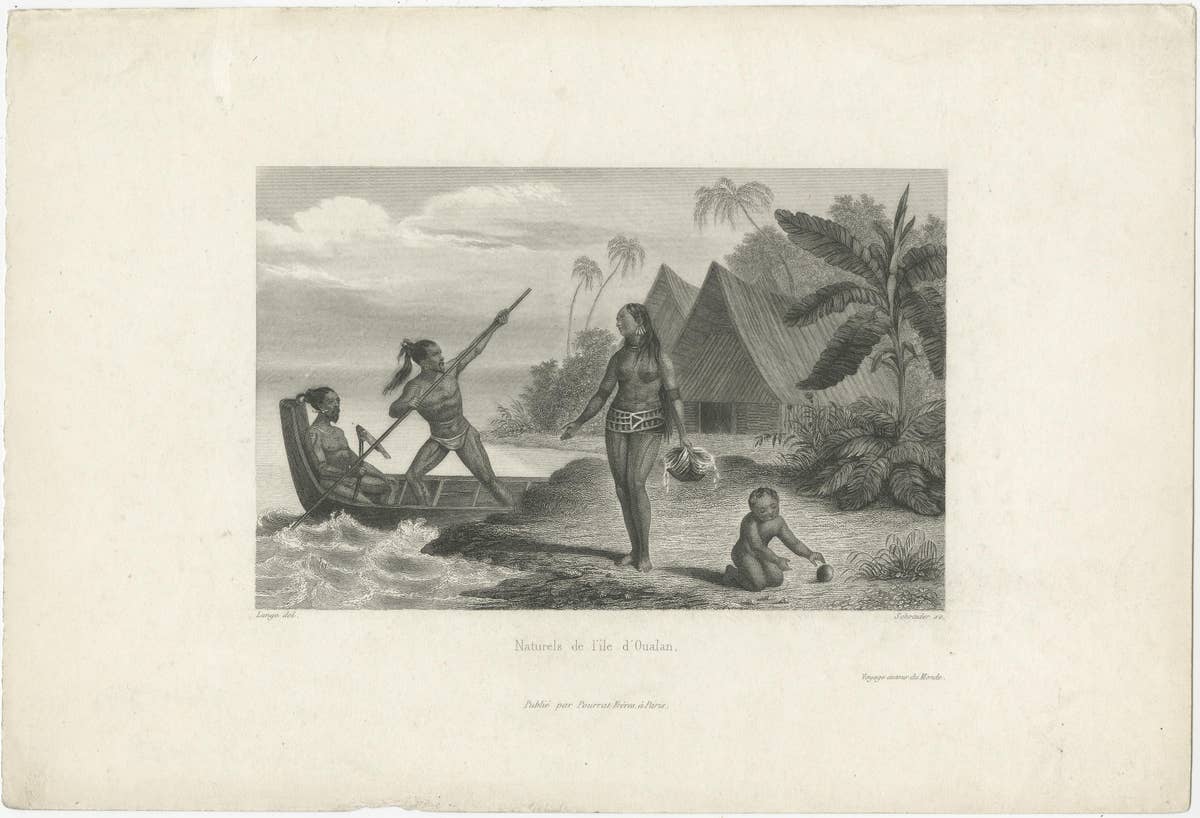 Antique Print of Habitants of Oualan Island, Caroline Islands