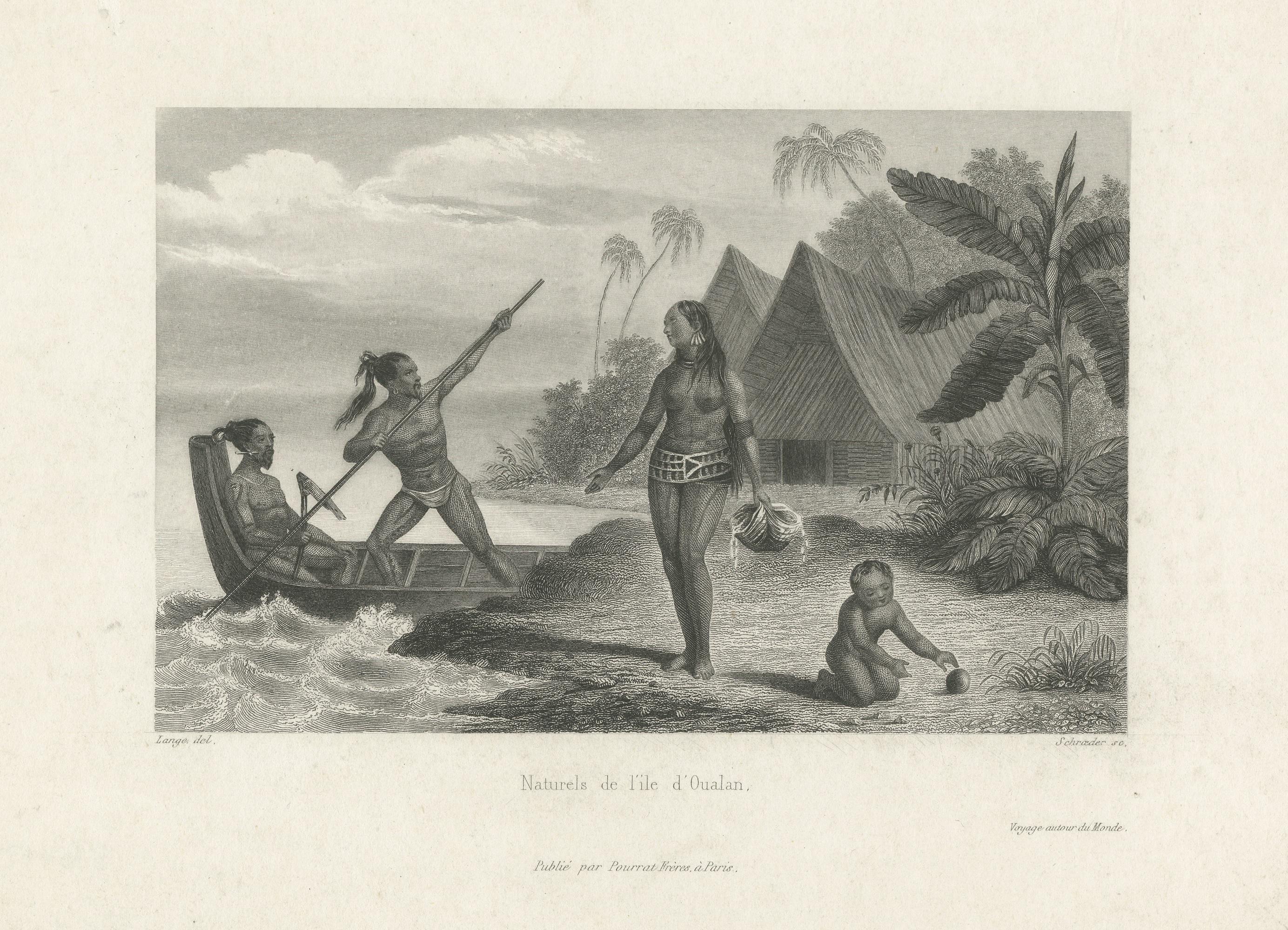 Antique Print of Habitants of Oualan Island, Caroline Islands In Fair Condition For Sale In Langweer, NL