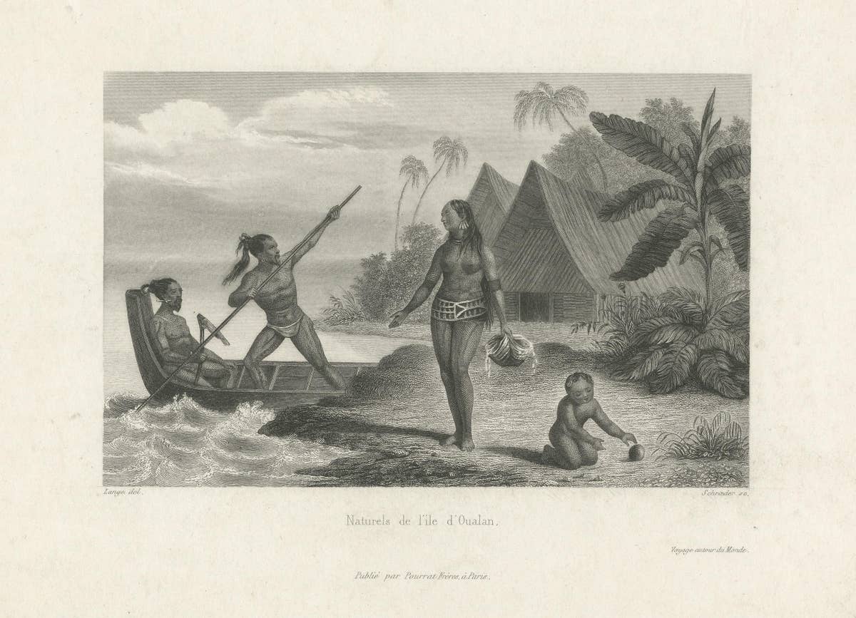 Antique Print of Habitants of Oualan Island, Caroline Islands
