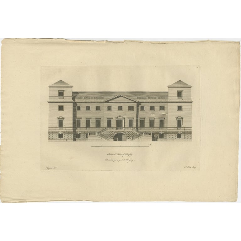 Antique print titled 'Principal Front of Hagley'. Main facade of Hagley Hall, Worcestershire. 

Hagley Hall is a Grade I listed 18th-century house in Hagley, Worcestershire, the home of the Lyttelton family. It was the creation of George, 1st Lord